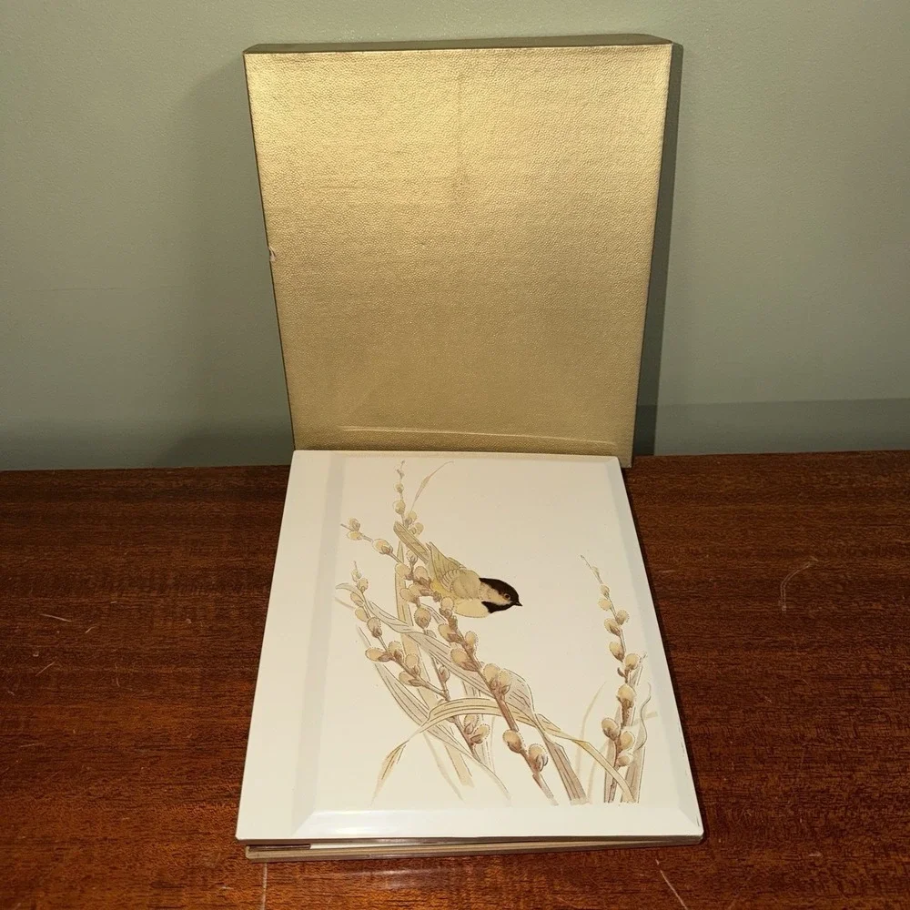Vintage Otagiri Japan Lacquerware Bird Photo Album Book White Ivory Chickadee